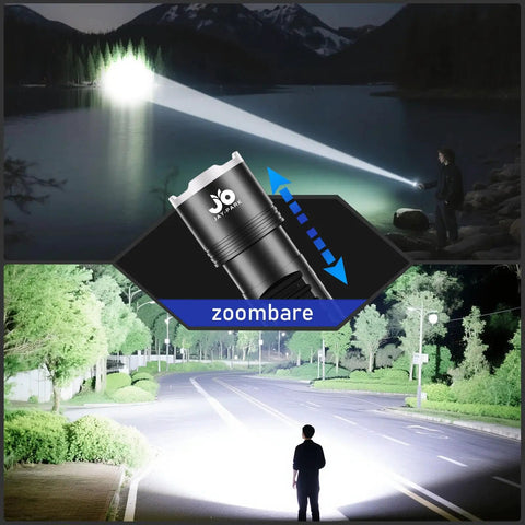 Ultra Bright LED Flashlight With 100000 Lumens Rechargeable 10800mAh Battery Zoomable Focus shown in night outdoor setting