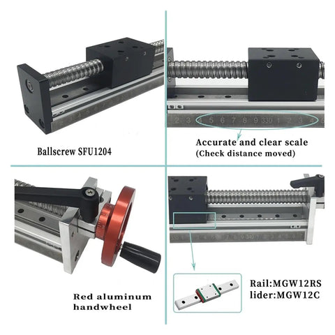 Manual Sliding Table With Ball Screw For Pro Grade Linear Motion 50 To 1000mm Stroke SFU1204 Ball Screw MGW12C Single Rail Guide Heavy Duty Precision Table For CNC Milling And Accurate Travel, SFU1204 and handwheel view