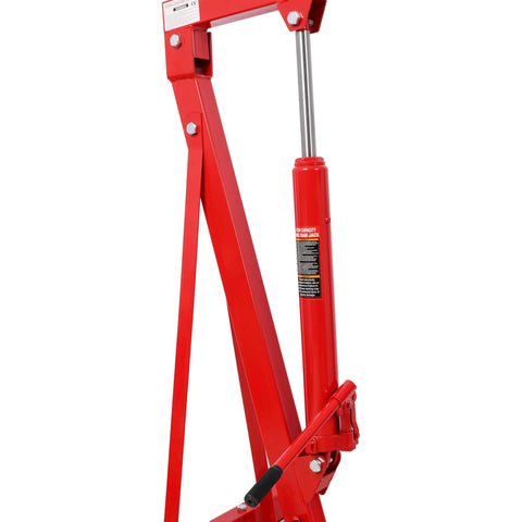 Heavy Hitter One Thousand Five Hundred LBS Folding Engine Hoist Tough Steel Shop Crane With Hydraulic Lift close-up of red hydraulic lift mechanism