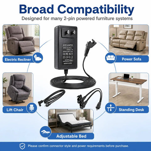 29V 24V 2A Universal Recliner Power Supply Plug In Adapter For Electric Chair Sofa Couch Lift Motor Standing Desk Replacement Wall Cord Fits Okin Limoss Delta Drive BetaDrive Motors And Most Brands with power connections and cord.