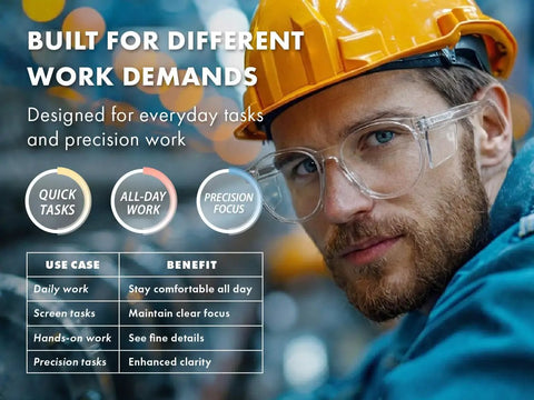 Heavy Duty Z87 Plus Safety Reading Specs With UV400 Side Shields And Impact Resistant Lenses Built Tough For Jobsites And The Daily Grind Featuring One Five X Clearfall Magnification worn by a worker.