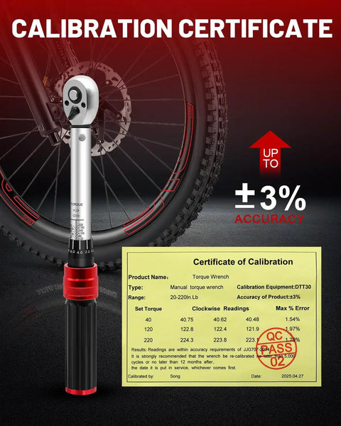 One Quarter Inch Drive Torque Wrench Set With Thirty Two Bit Sockets And Micro Adjustable Click Wrench against MTB wheel