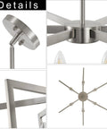 Close-up details of Top Tier Six Light Modern Metal Geometric Chandelier In Sleek Brushed Nickel showcasing the fixture's design.