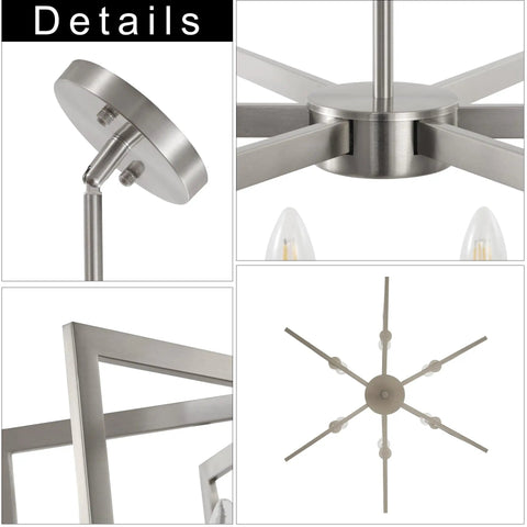 Close-up details of Top Tier Six Light Modern Metal Geometric Chandelier In Sleek Brushed Nickel showcasing the fixture's design.