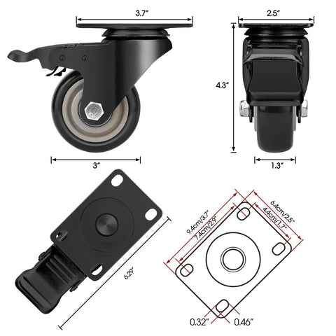 Built Tough As Nails Heavy Duty 3 Inch Polyurethane Swivel Caster Wheels With Safety Brakes Set Of 4 showing dimensions and design.