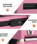 Close-up of Heavy Duty Metal Tool Chest With Drawers Pink Powder Coated Finish, showing side handle, slides, and alloy steel material.