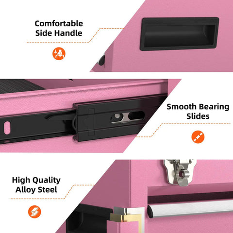 Close-up of Heavy Duty Metal Tool Chest With Drawers Pink Powder Coated Finish, showing side handle, slides, and alloy steel material.