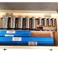 18 Piece CNC Keyway Broach Set With Bushing Shim Kit in wooden box, showing high speed steel broaches for precision cutting.