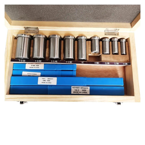 18 Piece CNC Keyway Broach Set With Bushing Shim Kit in wooden box, showing high speed steel broaches for precision cutting.
