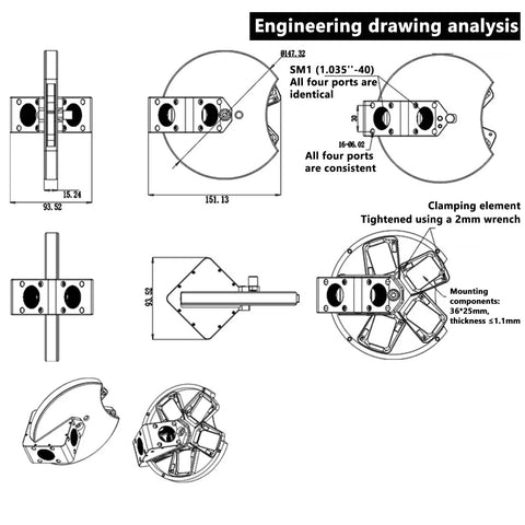 Engineering drawing of Five-Position Dichroic Filter Wheel for Telescopes, showing slim cage design under 1.1mm, holds 5 filters.
