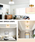 Cool 15 Inch Drum Light Semi Flush Mount Ceiling Light Fixture with White Fabric Drum Shade and Brass Finish in living room