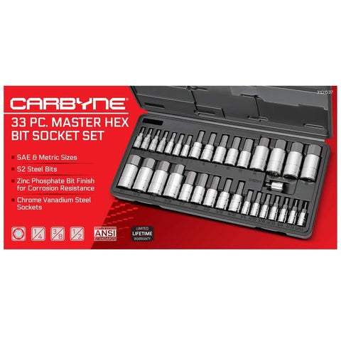 33 Piece Hex Socket Master Set For SAE And Metric Allen Bits In Quarter Inch, Three Eighth Inch, And Half Inch Drives, S2 Steel