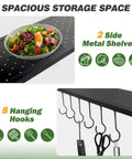 Close-up of metal shelves and hanging hooks on 8x5 Ft Outdoor Grill Gazebo With Double Roof Canopy And LED Lights, 2 Side Shelves