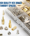 Brass Standoff Screws Nuts Washers Kit 910Pcs M3 Hex Spacer Assortment For DIY Projects Electronics Cabinetry And Repairs Includes Male And Female Threads With Precise Thread Design. brass standoff kit with hex spacers, nuts, washers, and screws in organizer tray