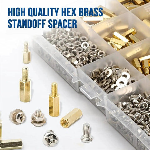 Brass Standoff Screws Nuts Washers Kit 910Pcs M3 Hex Spacer Assortment For DIY Projects Electronics Cabinetry And Repairs Includes Male And Female Threads With Precise Thread Design. brass standoff kit with hex spacers, nuts, washers, and screws in organizer tray