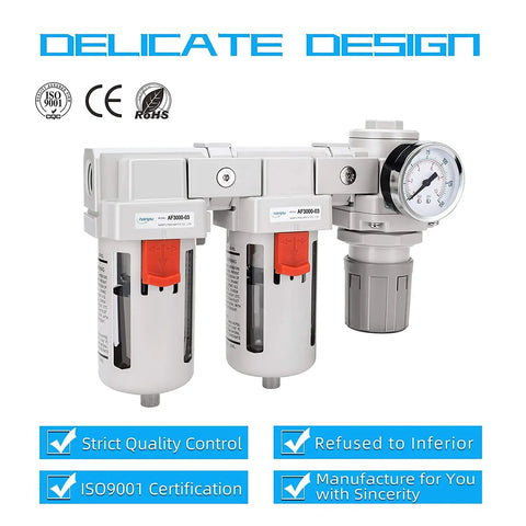 Three Eighth Inch NPT Air Drying System with Dual Five Micron Brass Filters and Regulator, Semi Auto Drain, Poly Bowl