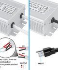 Close-up of LED Power Brick 24V 120W IP67 Waterproof All Weather Outdoor Driver for LED Lighting Projects with wiring details and 3 prong plug.
