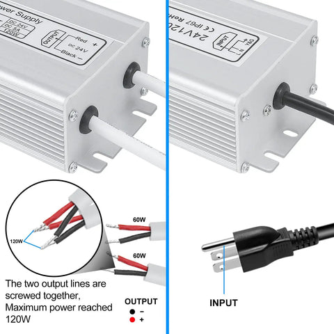 Close-up of LED Power Brick 24V 120W IP67 Waterproof All Weather Outdoor Driver for LED Lighting Projects with wiring details and 3 prong plug.