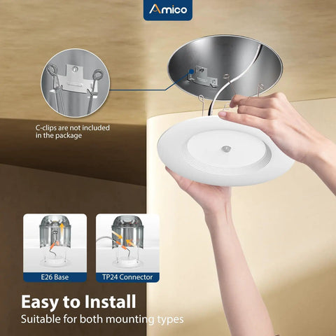 5 To 6 Inch LED Recessed Can Lights With PIR Motion Sensor, 5CCT, Auto On Within Ten Feet And Auto Off After Thirty Or One Hundred Twenty Seconds, No Sweat Install, 1 Pack, E26 base install