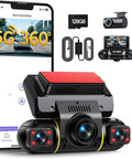 360 Degree View 4 Channel Dash Cam For Cars With Front Rear Left And Right Coverage 5G WiFi App Control 8 IR Night Vision 24H Parking Monitor Hardwire Kit G Sensor Included 128GB Card showing components
