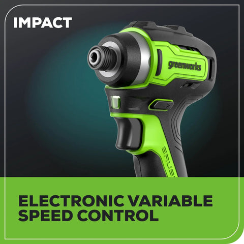 Close-up of green and black 24V Brushless Cordless Drill And Impact Driver Combo Kit With Half Inch Drill, highlighting speed control feature.
