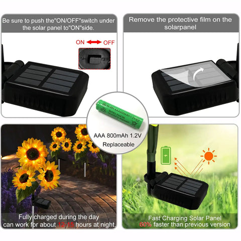 Installation and features of the Two Pack Sunflower Solar Lights Outdoor Decor With 3 LED Yellow Flowers Waterproof for gardens.