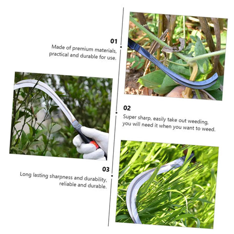 Portable Reaping Hook For Weeding And Harvesting Lightweight Durable Gardening Tool With Sharp Edge Ergonomic One Handed Grip Easy Carry Perfect For Flowers Vegetables And Lawn Cleanup, shown in various gardening scenes.