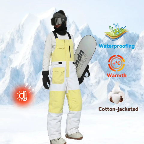 Person wearing Waterproof Insulated Ski Bibs For Men And Women with snowboard in snowy mountains