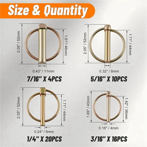 Beefed Up Heavy Duty Trailer Pin Set 50 Pcs Lynch Pins For 3 Point Hitch sizes and quantities guide, 7/16, 5/16, 1/4, 3/16 inches
