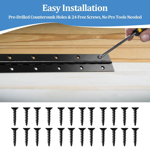 2 Piece Black Stainless Steel Piano Hinges With 24 Screws For Heavy Duty Cabinets And Rv Storage Boxes Built Tough As Nails For Diy Projects No Sweat Setup Rock Solid Continuous Hinge Kit shown during installation with screws.