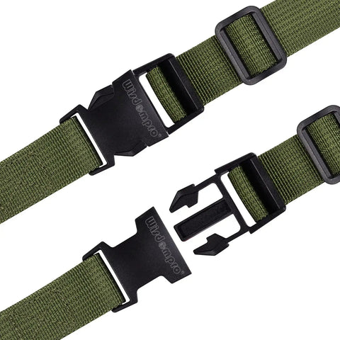 Beefy 2 Pack Luggage Straps With Quick Release Buckles, Heavy Duty 1 Inch Nylon Straps For Backpacking, Sleeping Bag Compression, Camping And Hiking, 48 Inch Length, Army Green Not For Towing, showing close-up of buckles and nylon straps.