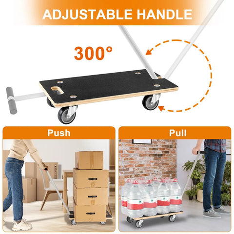 Premium Heavy Duty Rectangular Wood Platform Dolly With Handle For Moving Furniture, 300° adjustable handle, shown hauling boxes.