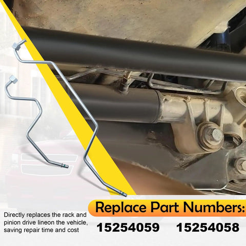 Rack Pinion Transfer Lines Kit For 2008-2014 Chevy Silverado Tahoe Suburban Avalanche GMC Sierra Yukon Cadillac Escalade ESV with visible part numbers 15254059 and 15254058, showcasing installation view.