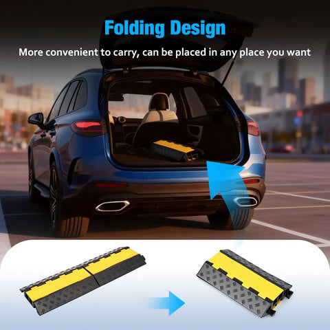 Two Pack Two Channel Cable Ramp Set With 22000 Lb Axle Capacity Heavy-Duty Rubber Cord Protector displayed in car trunk