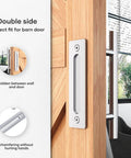 12-Inch Stainless Steel Sliding Barn Door Handles And Flush Pulls Set Double Sided Brushed Finish installed on wooden barn door