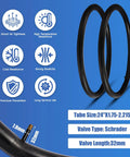 Two Pack 24x1.95 Mountain Bike Tires Set with inner tubes and valve details on blue background