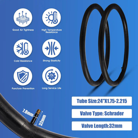 Two Pack 24x1.95 Mountain Bike Tires Set with inner tubes and valve details on blue background
