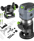 Compact Router Combo Kit With Fixed Base And Plunge, 6.5 Amp Power, tools, bits, guides, handheld woodworking tool