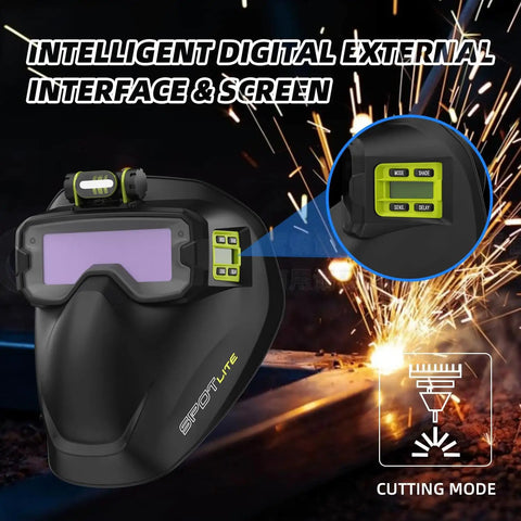 Heavy Duty Full Face Auto Darkening Welding Helmet with True Color Lens and Spacious Viewport, showing digital interface and cutting mode.