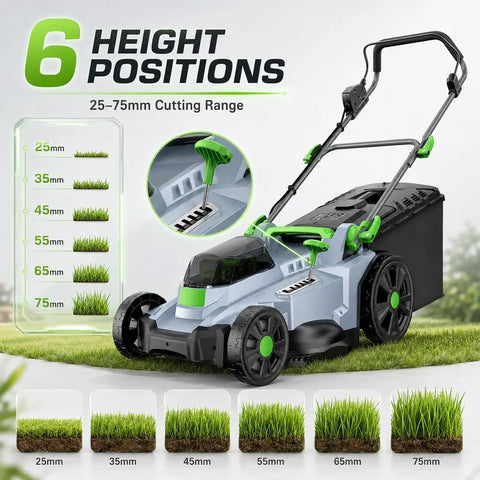 Cordless Walk Behind Lawn Mower With 17 Inch Cutting Width, Dual 20V 4.0Ah Batteries, Brushless Motor, Six Easy Height Settings, 50 Liter Grass Bag, Backyard Ready No Cords For Garden Patio Yard And Lawn Care showing 6 height positions