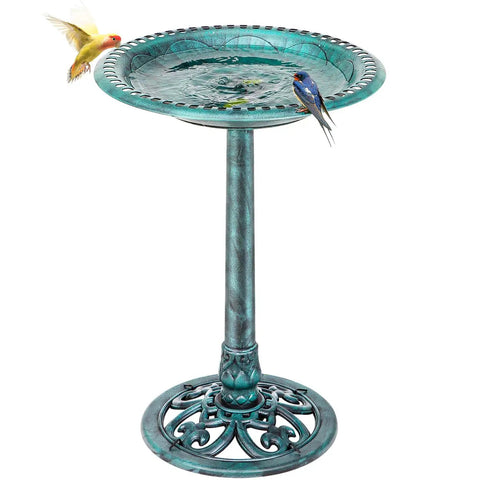 28 Inch Height Polyresin Bird Bath With Antique Verdigris Finish, Weather Resistant Pedestal Garden Decor, Fleur De Lys Accent Bowl, Vintage Yard Art In Green