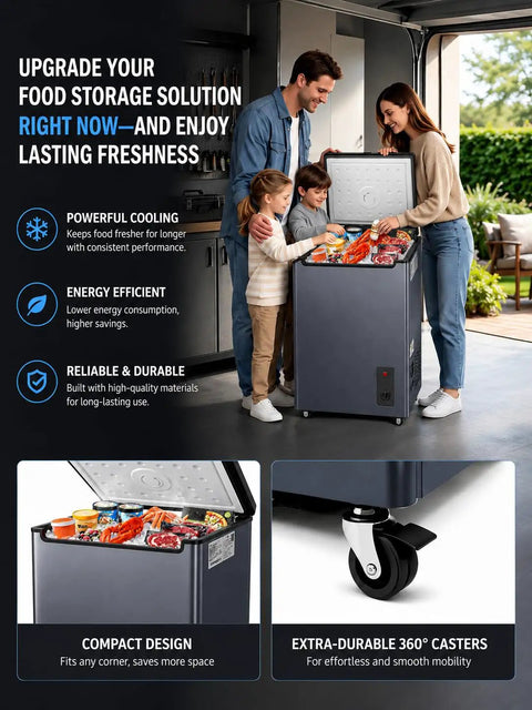 Family enjoying the 7.0 Cu Ft Compact Chest Freezer Energy Efficient Low Noise Cold Storage opening with various foods inside.