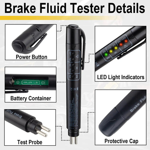 Brake Fluid Moisture Tester For Your Ride, Pro Grade Yet Pocket Sized, Frosted Plastic Shell With Rugged Nylon Inner Build, Fast Clear Readouts, Easy Check Before Every Cruise, Prevent Breaks From Water Damage And Corrosion. compact black tester with LED indicators, power button, battery container, probe and cap