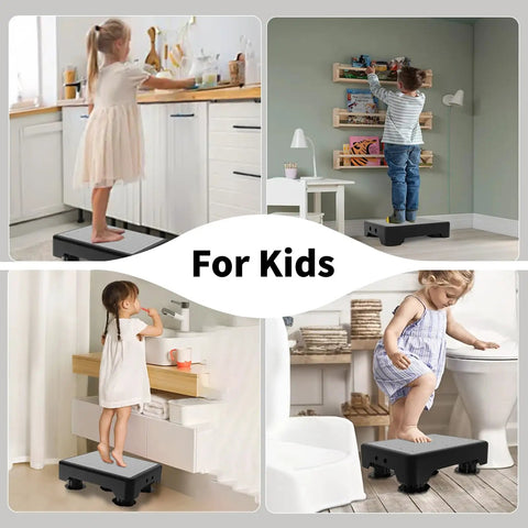 Heavy Duty Adjustable Step Stool For Adults And Kids, 660 Lbs Capacity, shown used by children in kitchen, bathroom, and playroom.