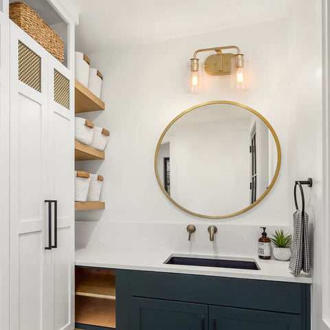Soft Gold 4 Light Vanity Fixture With Seeded Glass Shade 31 Inch in modern powder room above round mirror