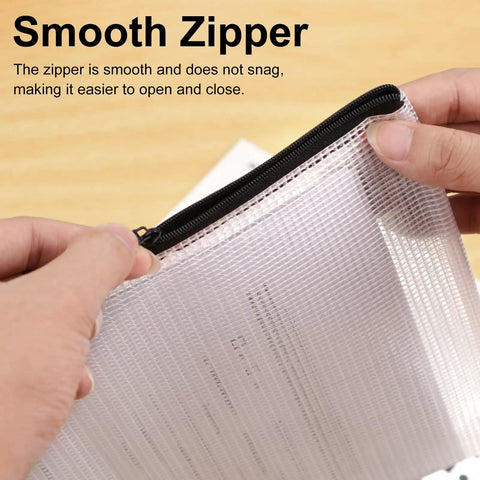 Close-up of a mesh zipper pouch from the 30 Piece Multisize Mesh Zipper Pouch Set For Travel And Home Organization Waterproof Plastic Document Bags In 8 Sizes With Color Labels Perfect For Office School Crafts And Game Gear Storage, showcasing the smooth zipper mechanism.