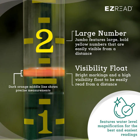 Close-up of Giant 21 Inch Outdoor Rain Gauge For Pros, showing large numbers, visibility float, and debris shield, USA made.