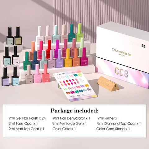 30 Color Gel Nail Polish Kit With 9ml Bottles Hema Free Soak Off UV LED Curing Long Lasting High Gloss Finish Pro Salon Feel At Home DIY Manicure Set displayed with packaging.