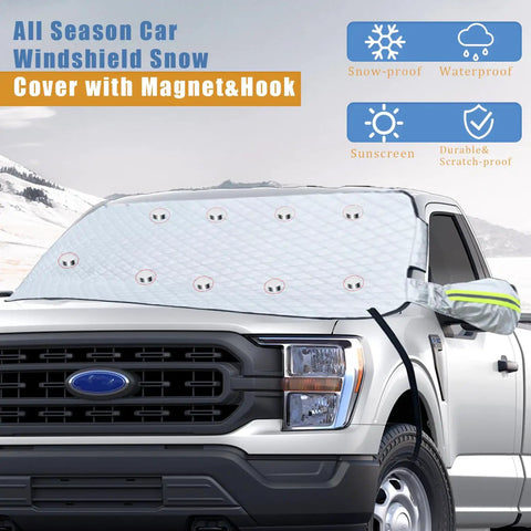 Magnetic Windshield Snow And Ice Cover With Side Mirror Hooks, Foldable Sun Shade For Large SUVs Trucks And MPVs on truck
