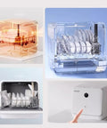 Skip The Sink Blues With This Plug And Play Countertop Dishwasher Featuring Heavy Duty High Temp Cycle triple wash filters, showcasing clean plates and dishware.